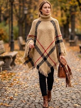 Tan Big Grid Turtleneck Poncho